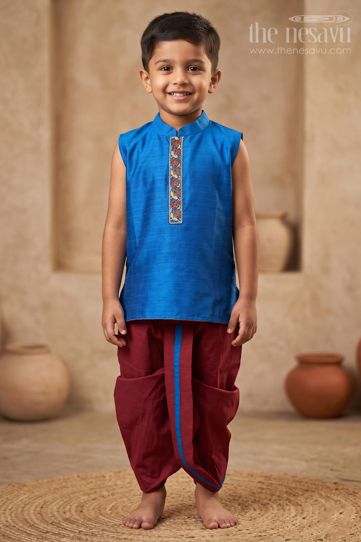 Vibrant Blue Kurta and Maroon Dhoti Set for Boystraditional Panchagajam Collection