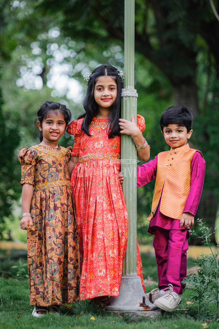 Girls Sunshine Yellow Kalamkari Printed Anarkali Dress with Embellished Neckline