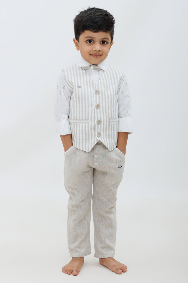 Beige Cotton Linen Boys 3Piece Set with Bow Tie