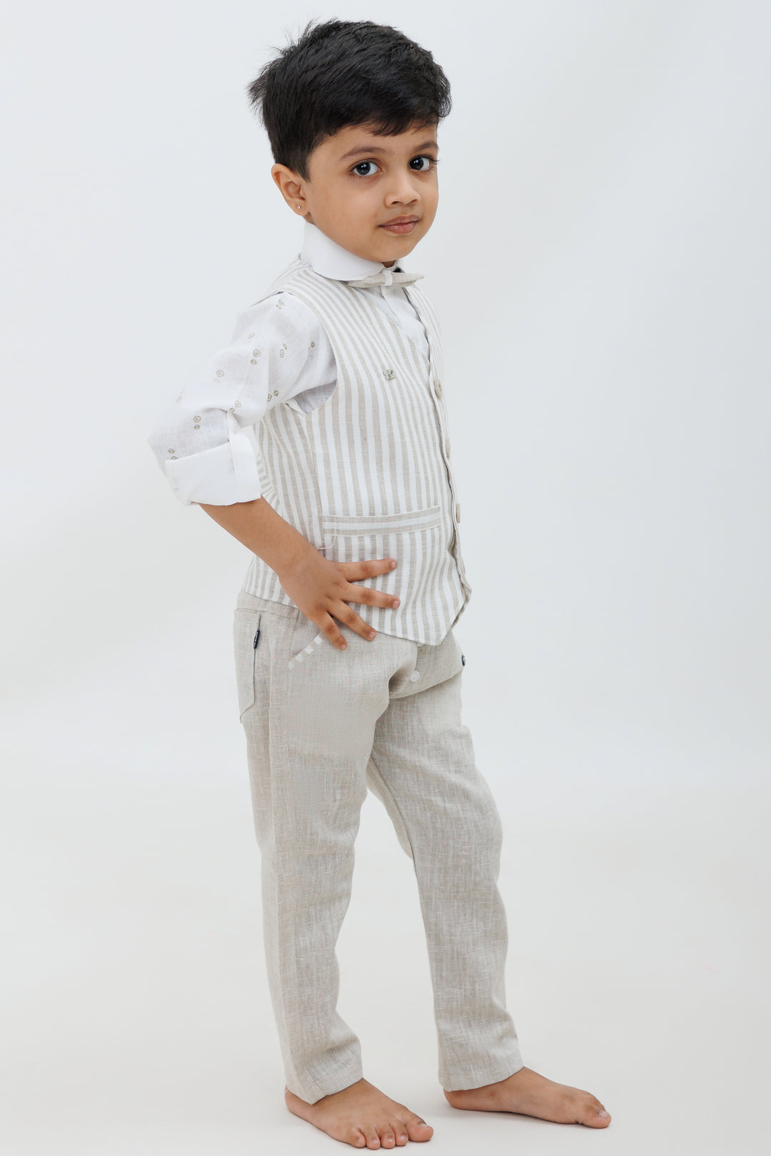 Beige Cotton Linen Boys 3Piece Set with Bow Tie