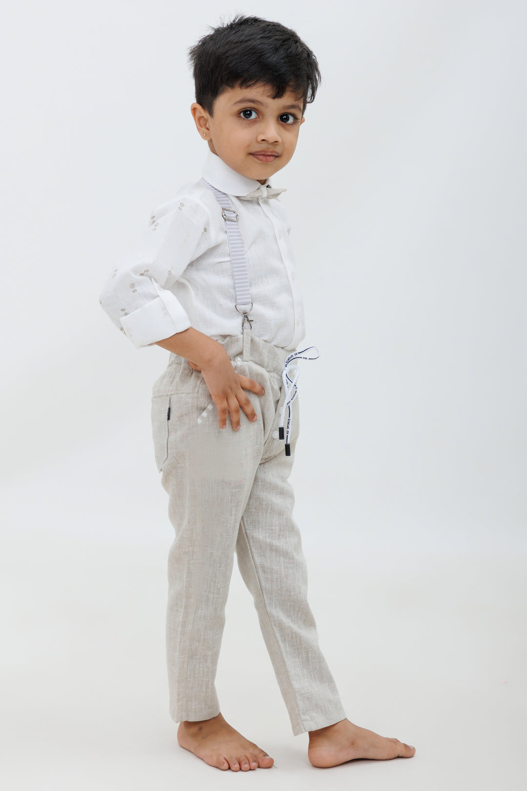 Beige Cotton Linen Boys 3Piece Set with Bow Tie