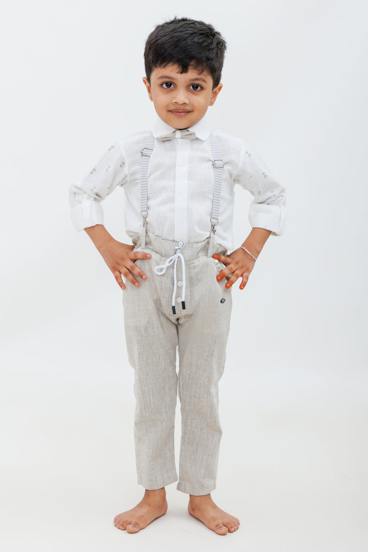 Beige Cotton Linen Boys 3Piece Set with Bow Tie