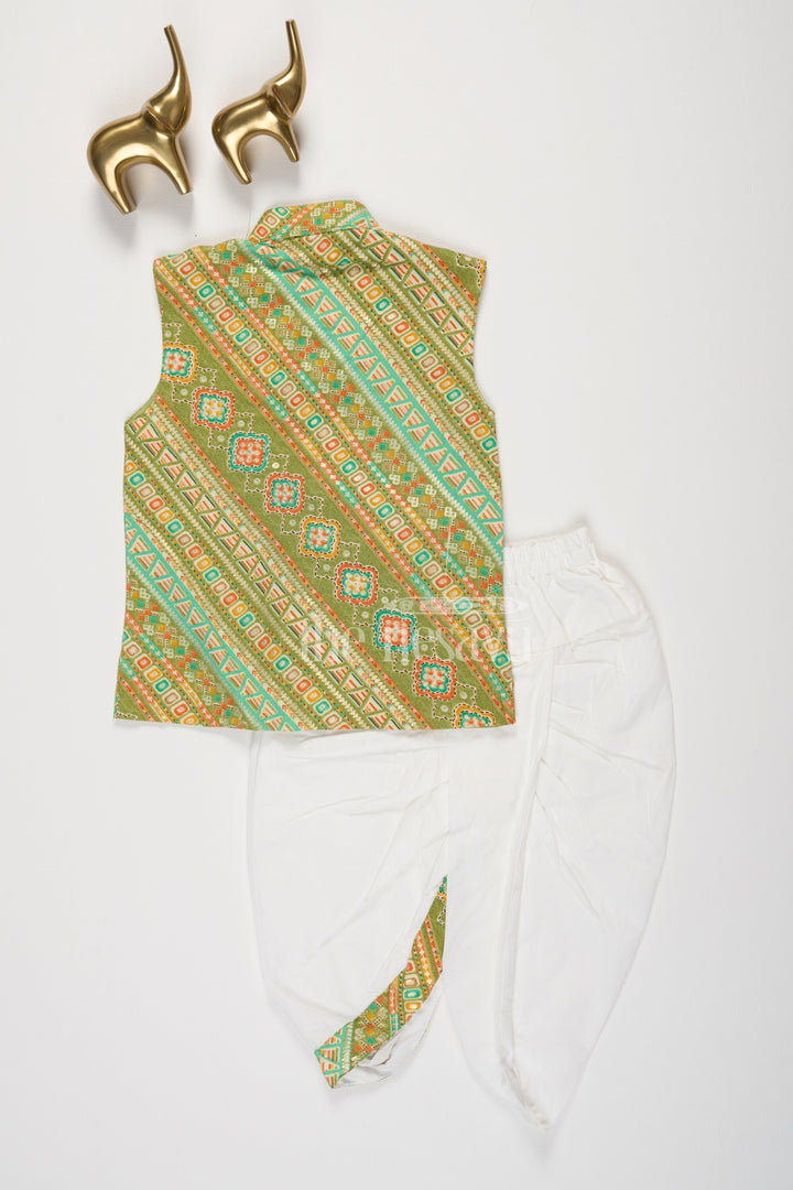 Green Semi Linen Cotton Boys Dhoti Set with Traditional Vest