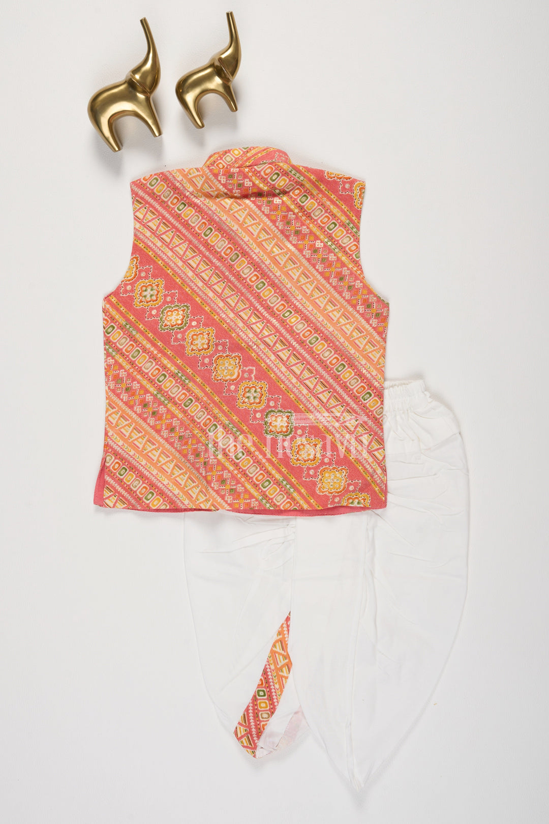 Orange Semi-Linen Boys Dhoti Set with Geometric Print Vest