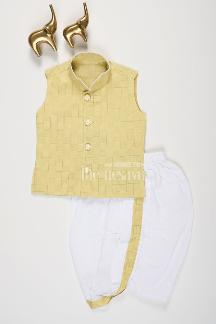 Yellow Cotton Blended Boys Dhoti Set with Checkered Vest