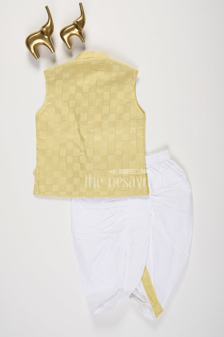 Yellow Cotton Blended Boys Dhoti Set with Checkered Vest