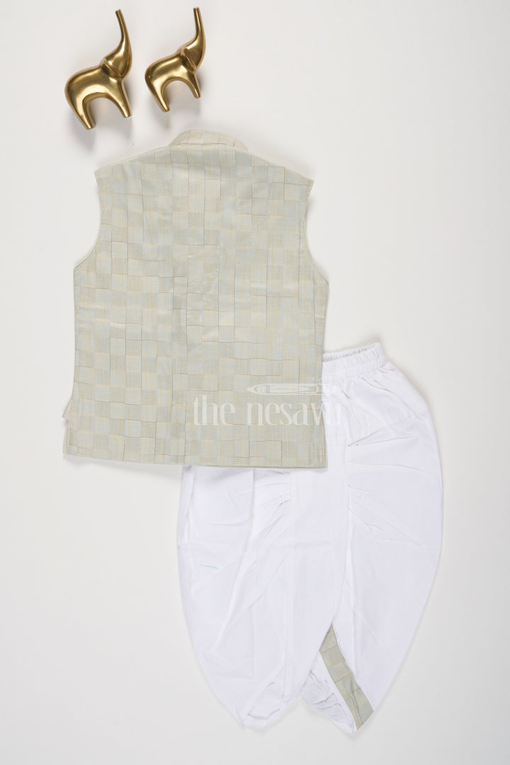 Green Boys Dhoti Set with Light Checkered Vest for Infants