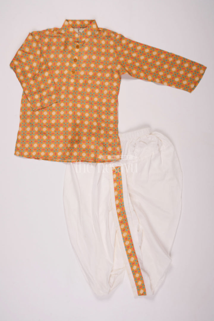 Boys Orange Cotton Dhoti Set with Traditional Geometric Kurta for Festive Celebrations