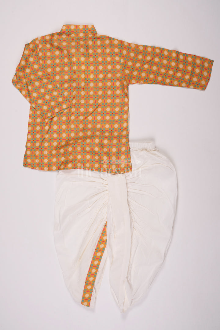 Boys Orange Cotton Dhoti Set with Traditional Geometric Kurta for Festive Celebrations