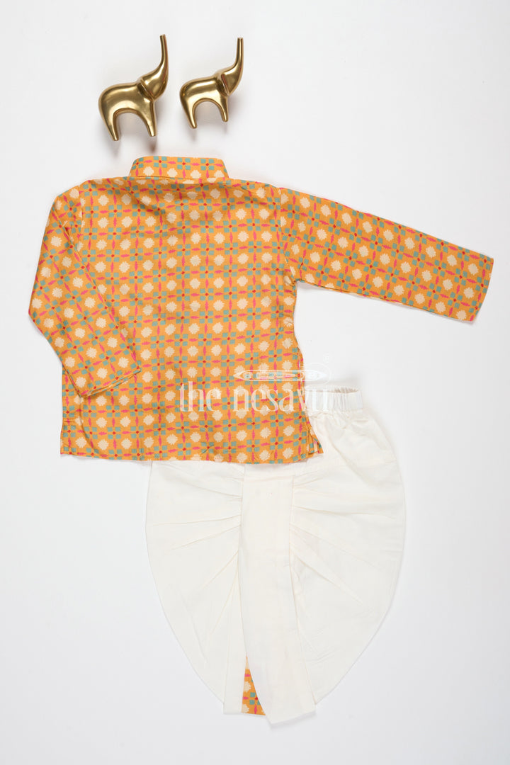 Boys Orange Cotton Dhoti Set with Traditional Geometric Kurta for Festive Celebrations