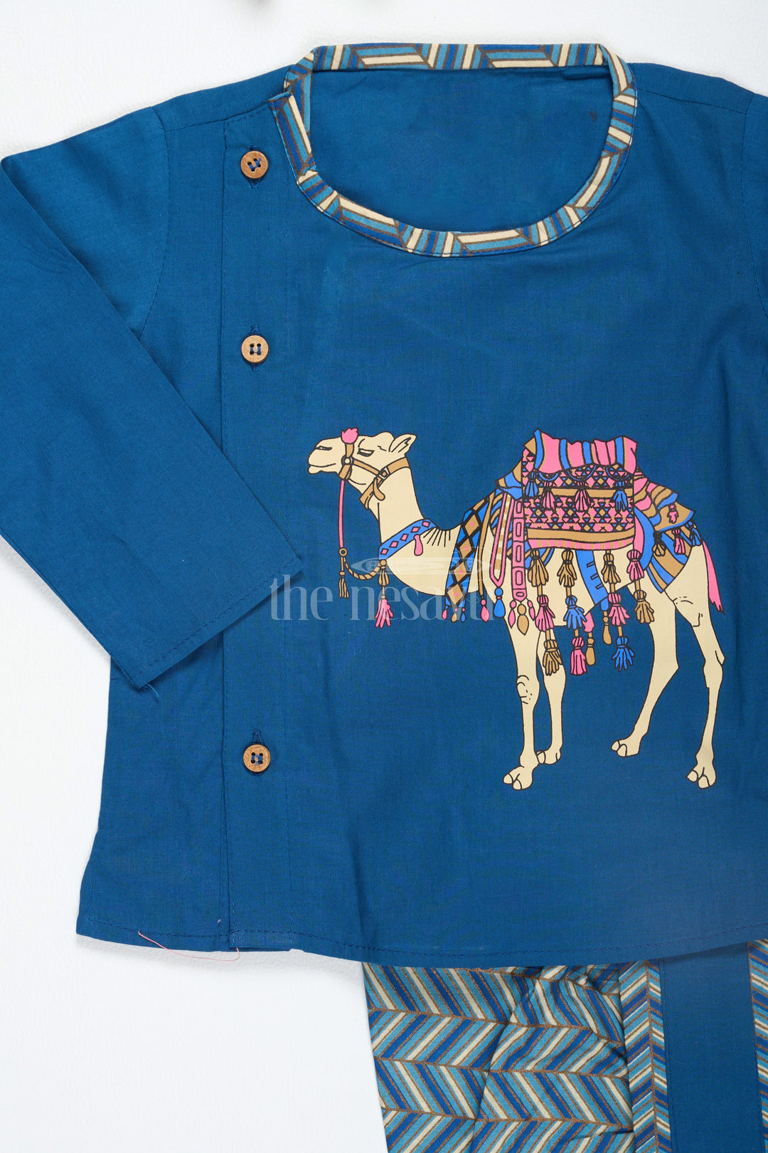 Boys Blue Cotton Dhoti Set with Camel Print Kurta for Festive Occasions and Casual Gatherings