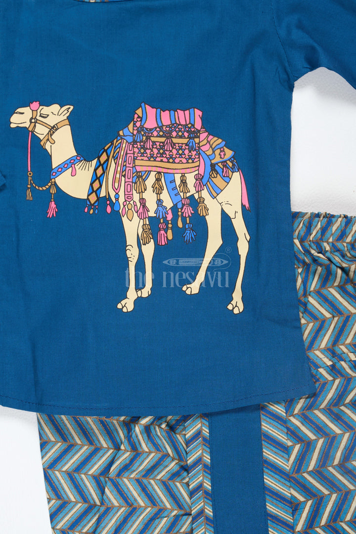 Boys Blue Cotton Dhoti Set with Camel Print Kurta for Festive Occasions and Casual Gatherings