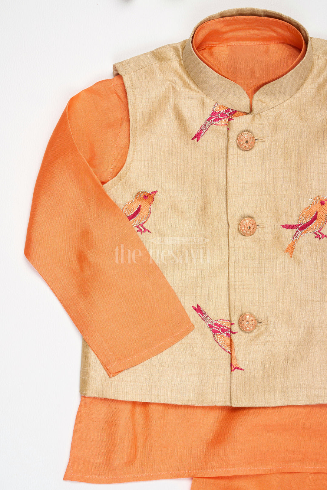 Boys Orange Silk Blend Dhoti Set with Embroidered Bird Motif Jacket for Traditional Gatherings