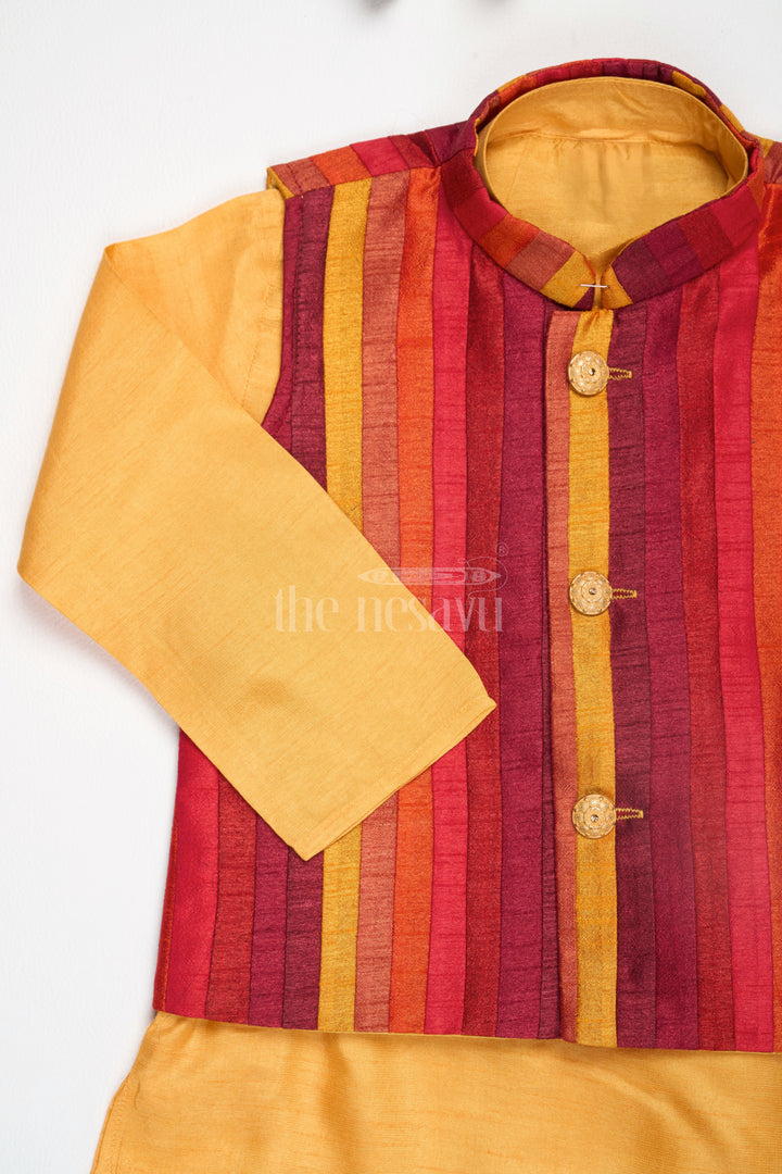 Boys Orange Dhoti Set with Striped Nehru Jacket for Festive Celebrations and Family Gatherings