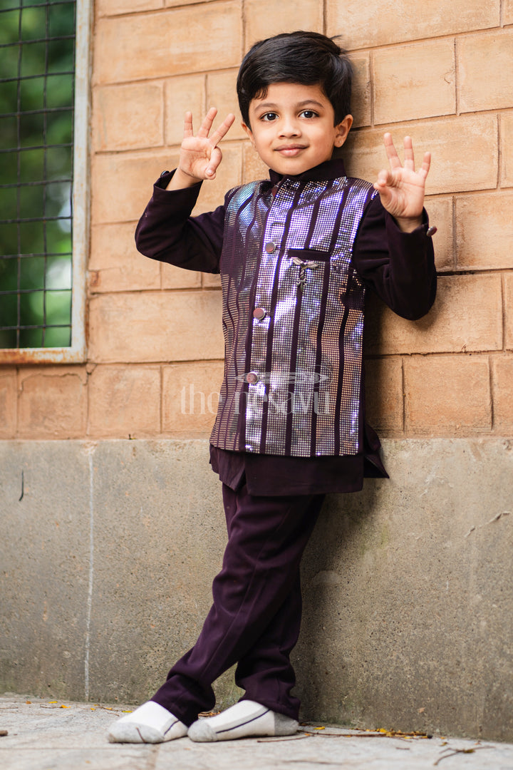 Boys Sherwani Set in Black with Silver Vertical Stripe Jacket and Black Trousers for Special Occasions