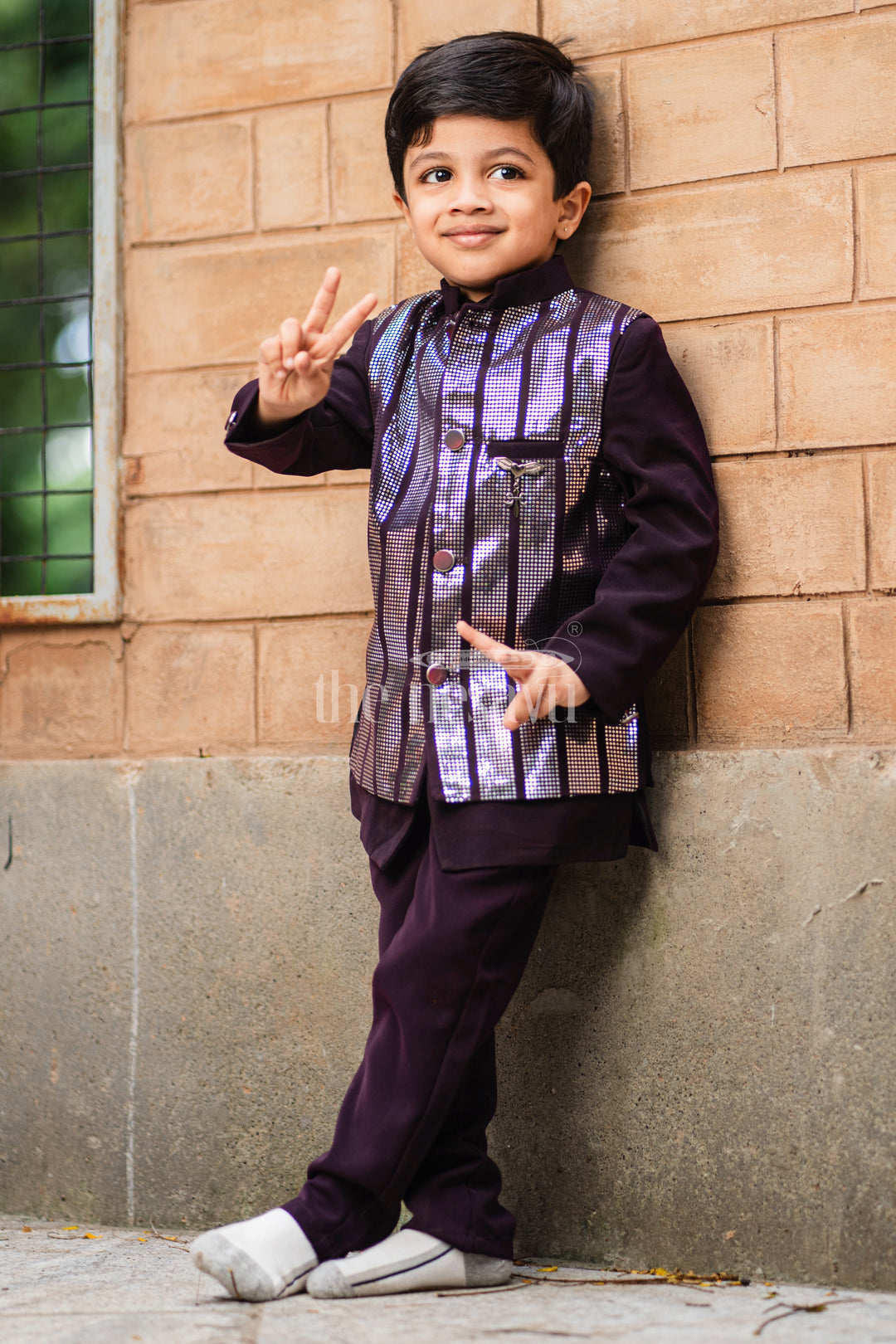 Boys Sherwani Set in Black with Silver Vertical Stripe Jacket and Black Trousers for Special Occasions