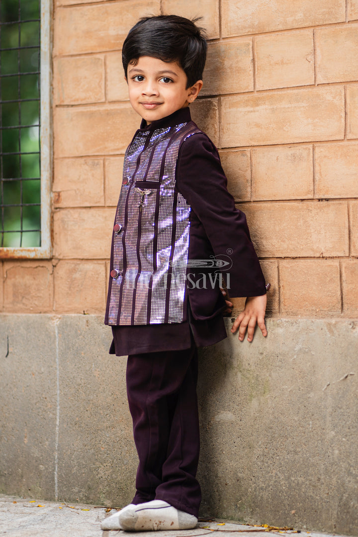 Boys Sherwani Set in Black with Silver Vertical Stripe Jacket and Black Trousers for Special Occasions