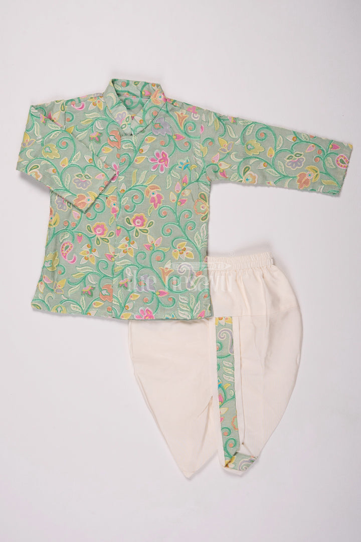 Boys Dothi Set in Green Blend Silk with Floral Embroidered Shirt and Cream Dothi for Traditional Events