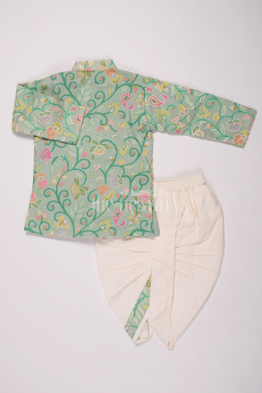 Boys Dothi Set in Green Blend Silk with Floral Embroidered Shirt and Cream Dothi for Traditional Events