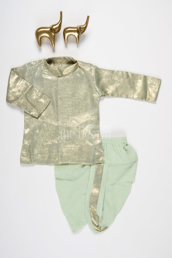 Boys Dothi Set with Gold-Toned Embroidered Kurta and Green Dothi for Traditional Ceremonies