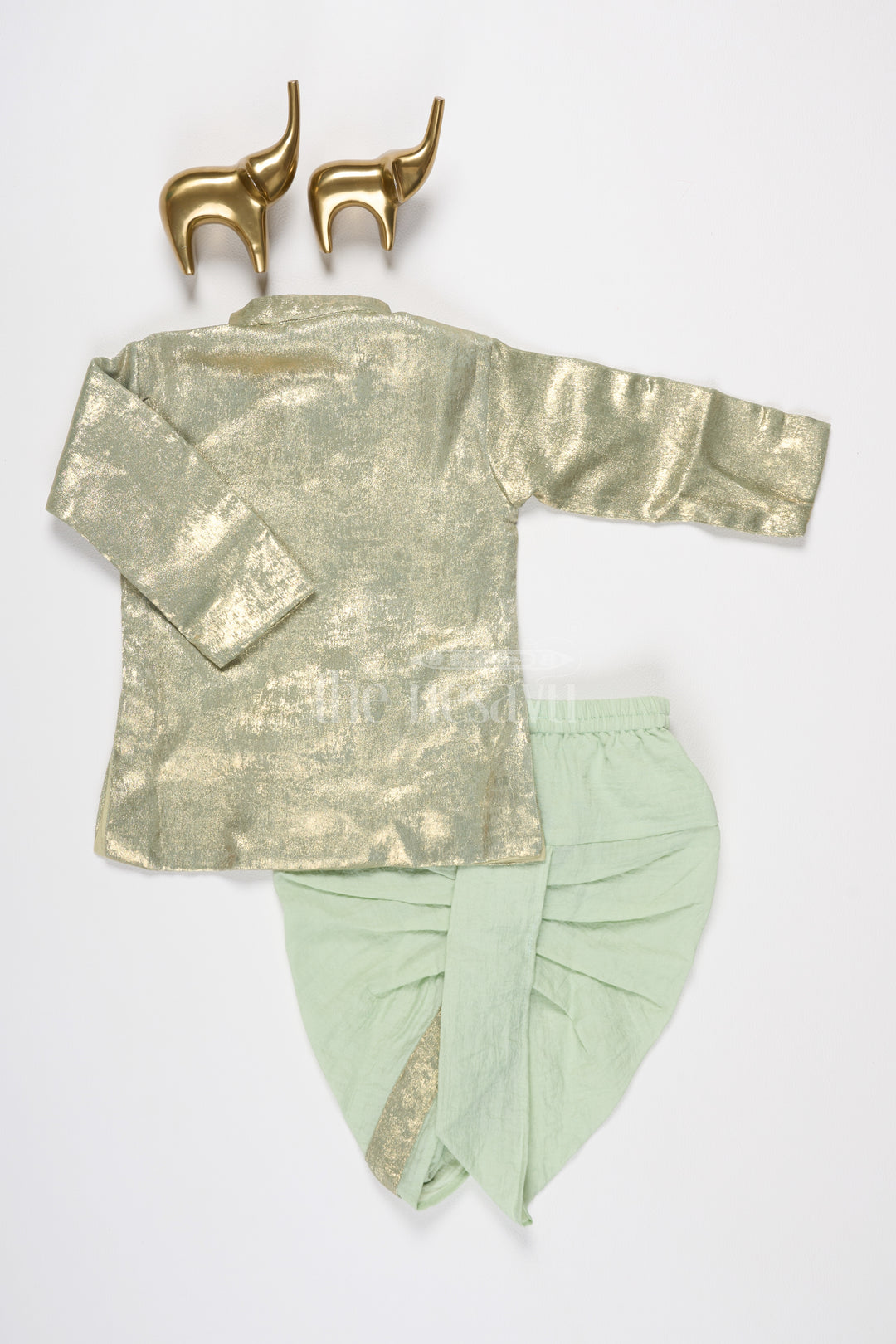 Boys Dothi Set with Gold-Toned Embroidered Kurta and Green Dothi for Traditional Ceremonies