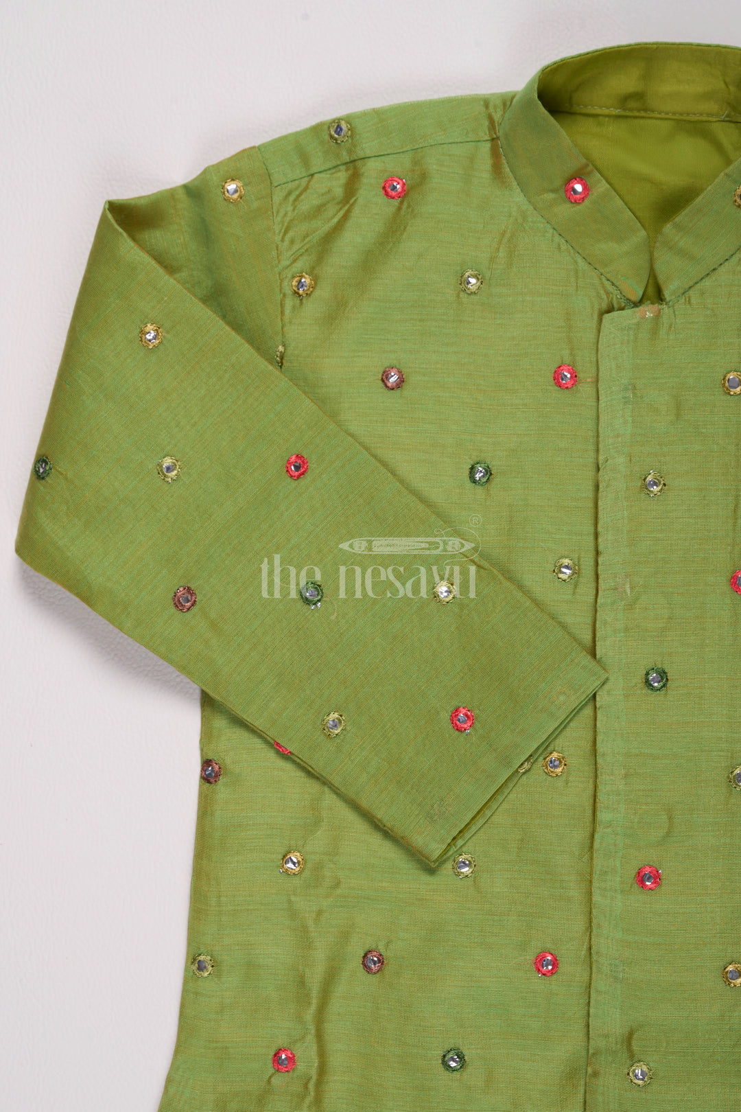 Boys Dhoti Dress in Green Chanderi Fabric with Intricate Embroidery