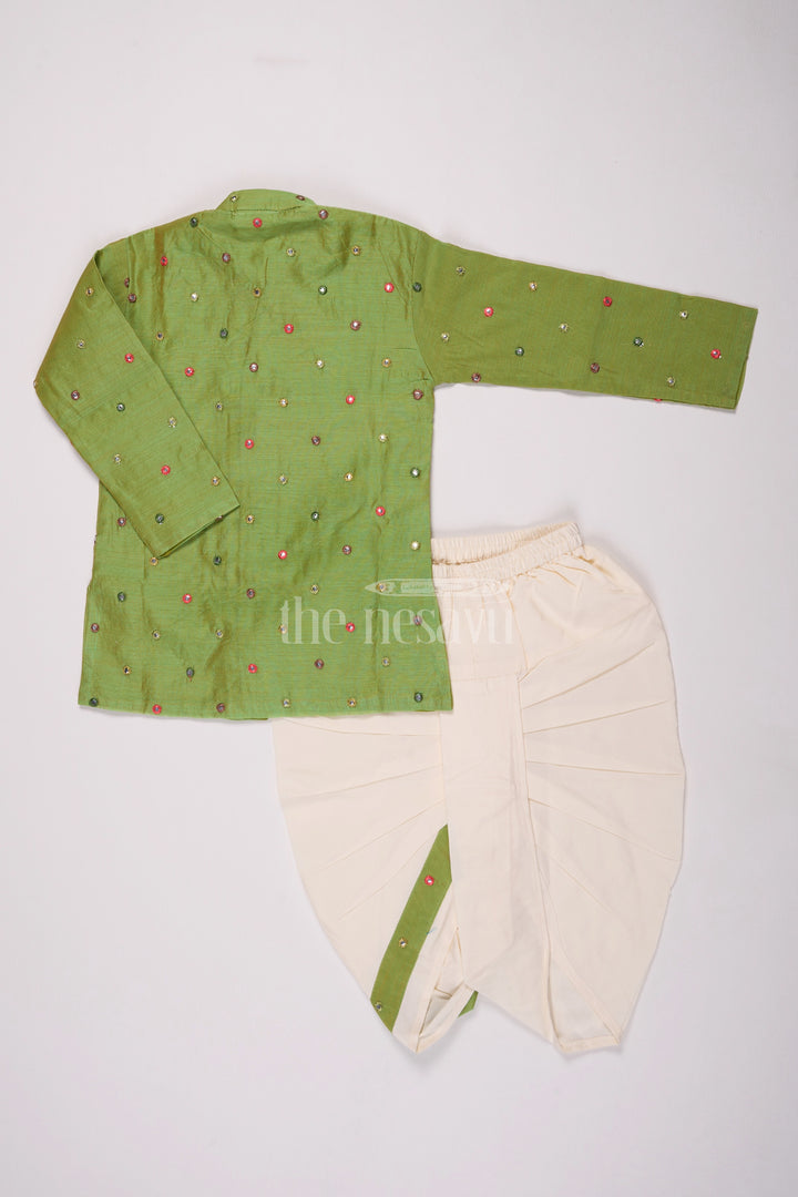 Boys Dhoti Dress in Green Chanderi Fabric with Intricate Embroidery