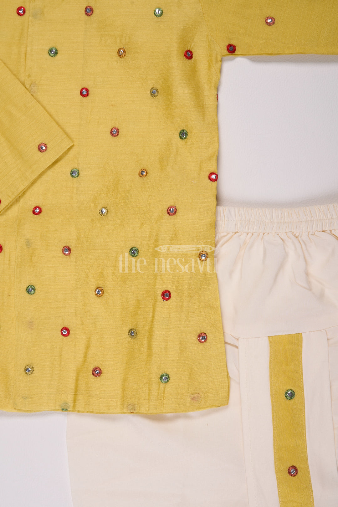 Boys Yellow Dhoti Style Dress in Chanderi with Embroidered Accents