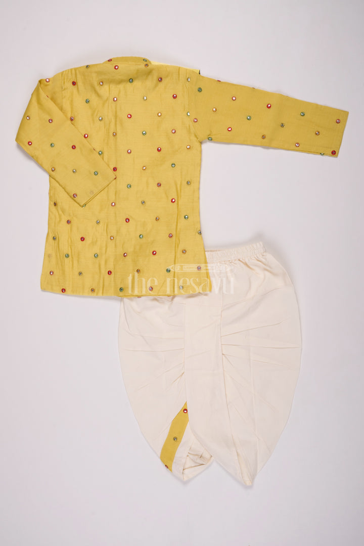 Boys Yellow Dhoti Style Dress in Chanderi with Embroidered Accents