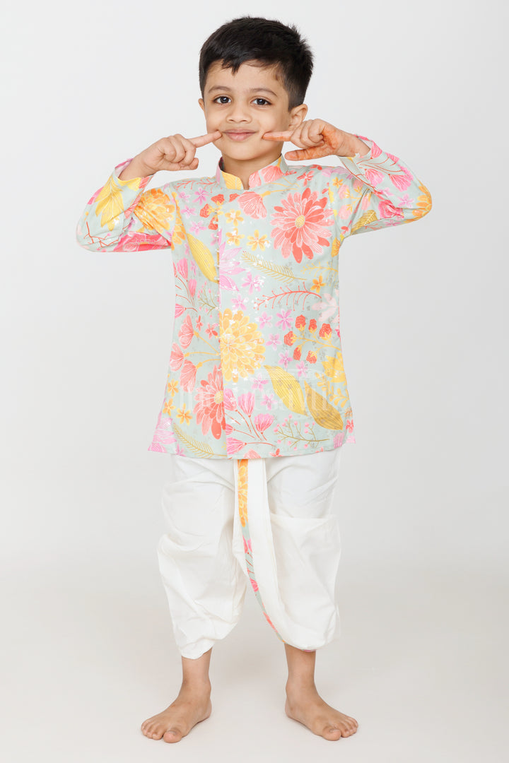 Boys Multicolor Kurtha and Dhoti Set with Floral Cotton Blended Prints