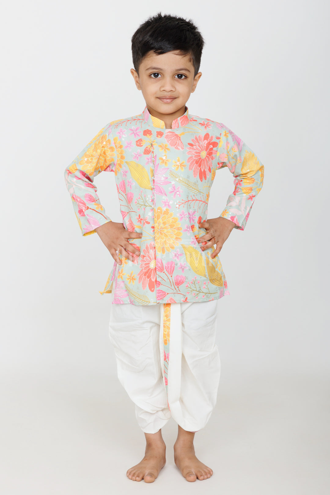 Boys Multicolor Kurtha and Dhoti Set with Floral Cotton Blended Prints