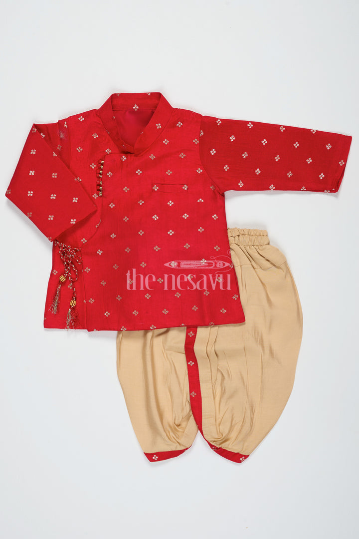 Boys Kurta Dhoti Set in Red with Semi-Silk Banarasi Buttis and Beige Dhoti