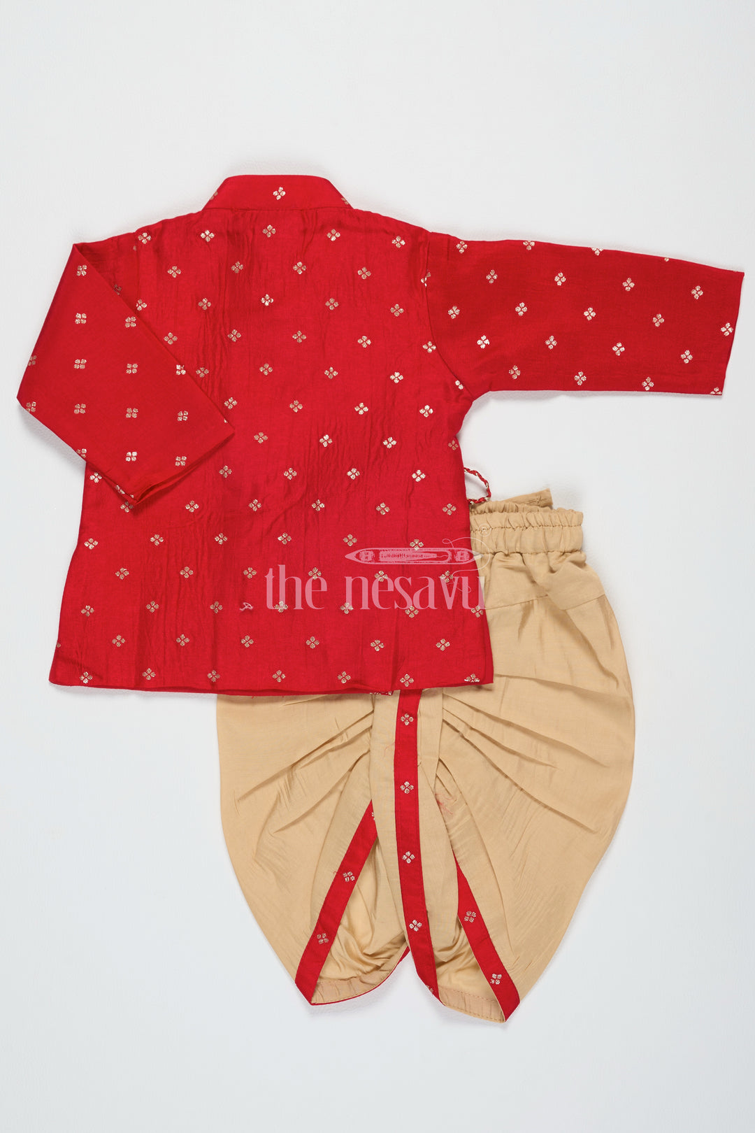 Boys Kurta Dhoti Set in Red with Semi-Silk Banarasi Buttis and Beige Dhoti