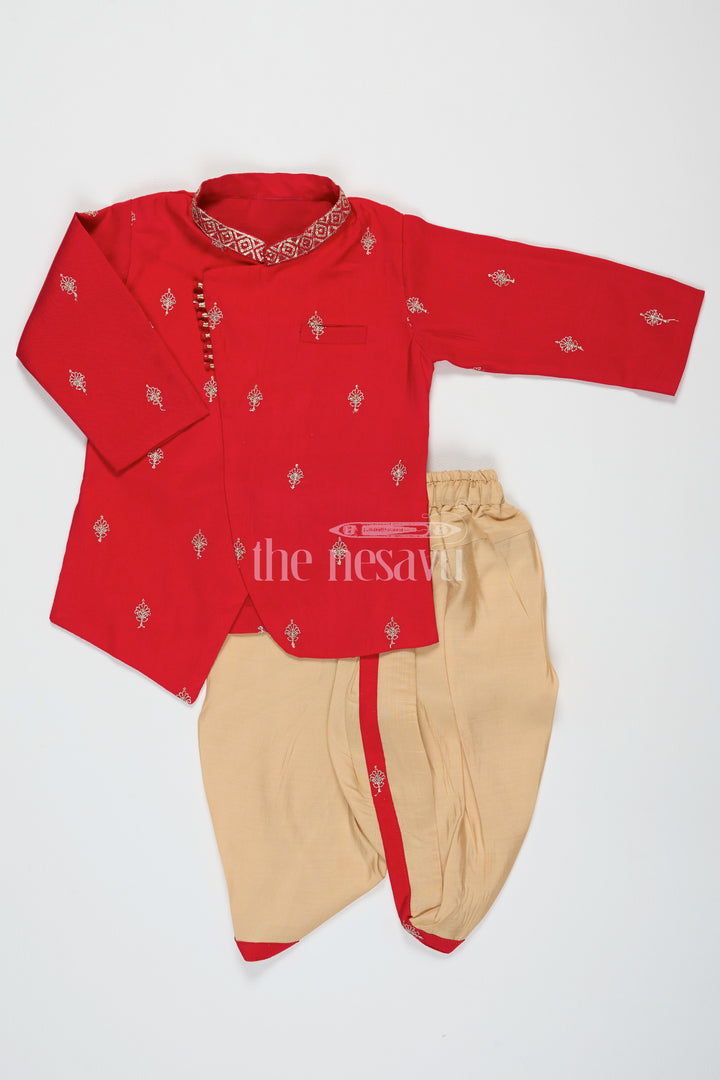 Boys Red Dothi Dress with Semi-Silk Banarasi Buttis and Beige Dhoti