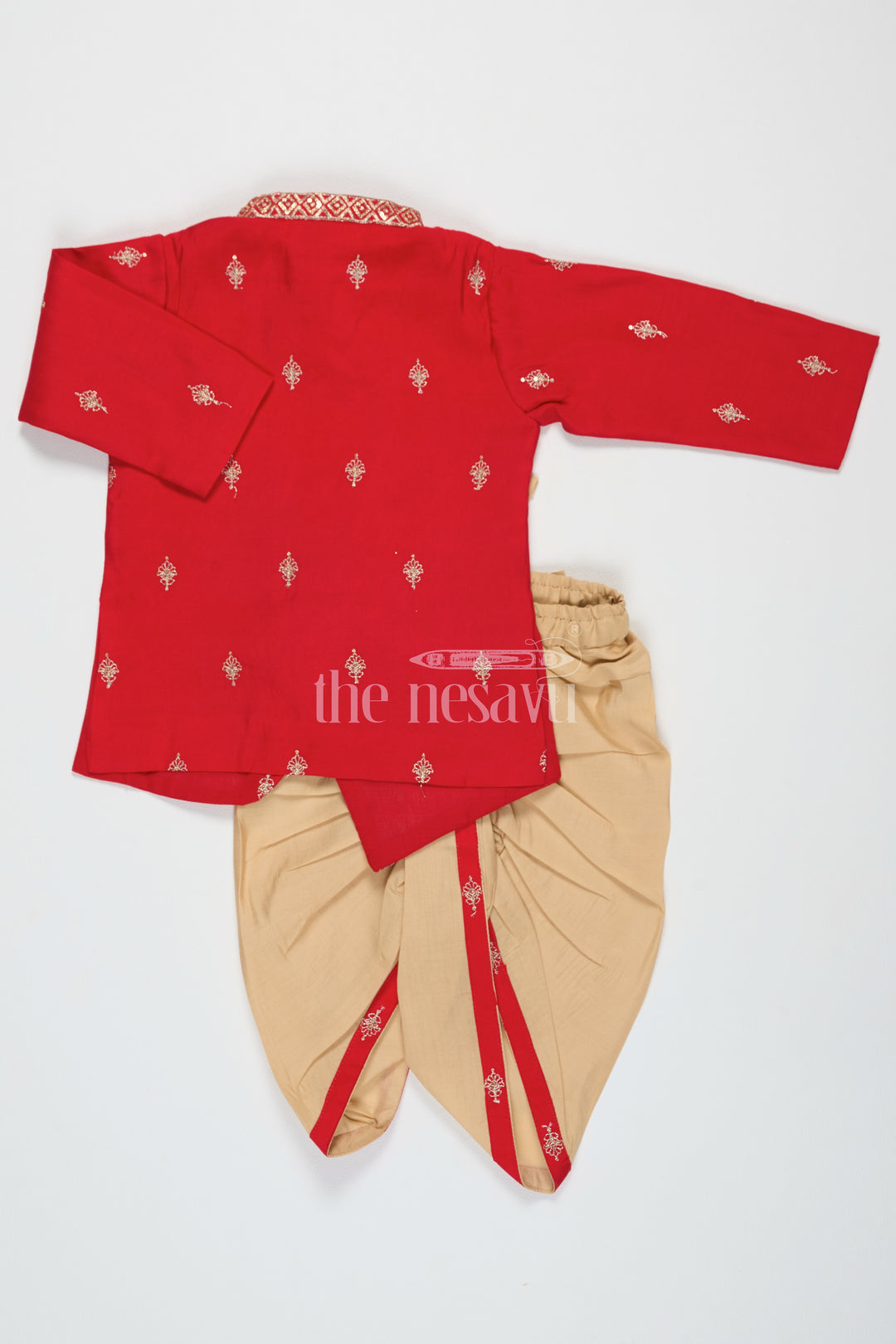 Boys Red Dothi Dress with Semi-Silk Banarasi Buttis and Beige Dhoti