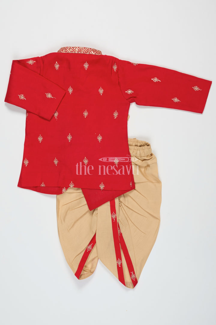 Boys Red Dothi Dress with Semi-Silk Banarasi Buttis and Beige Dhoti