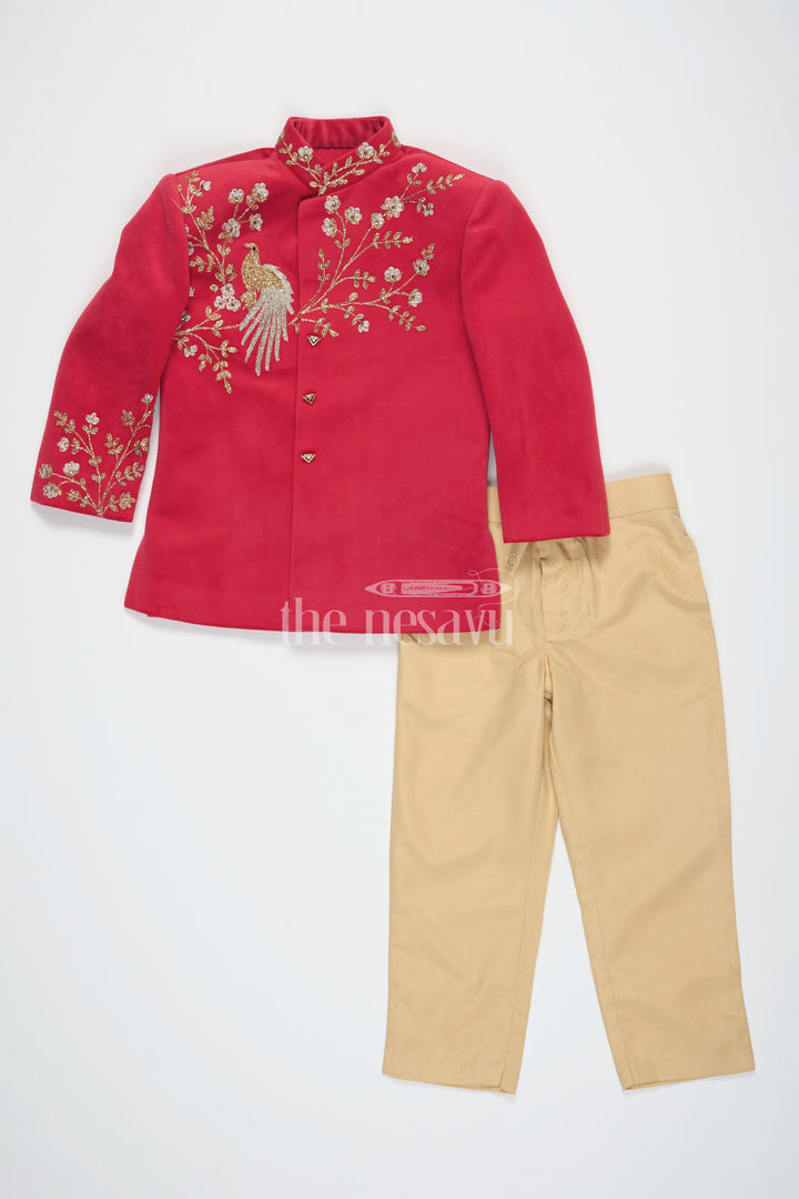 Boys Red Sherwani Clothes with Golden Embroidery and Cream Trousers