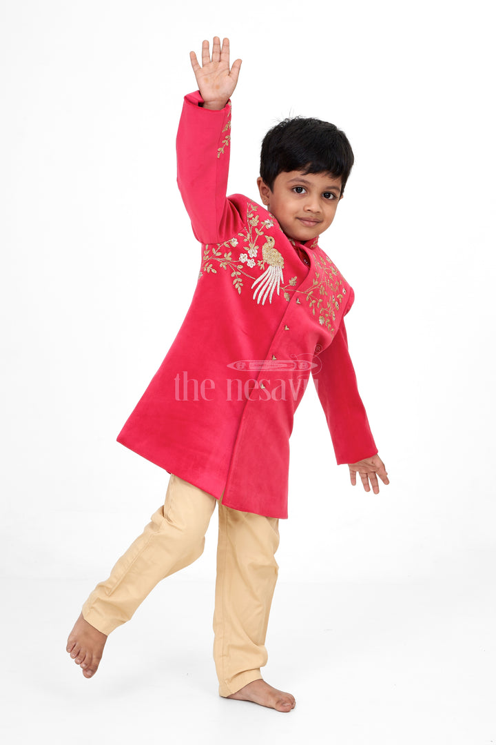 Boys Red Sherwani Clothes with Golden Embroidery and Cream Trousers