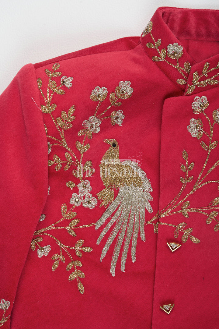 Boys Red Sherwani Clothes with Golden Embroidery and Cream Trousers