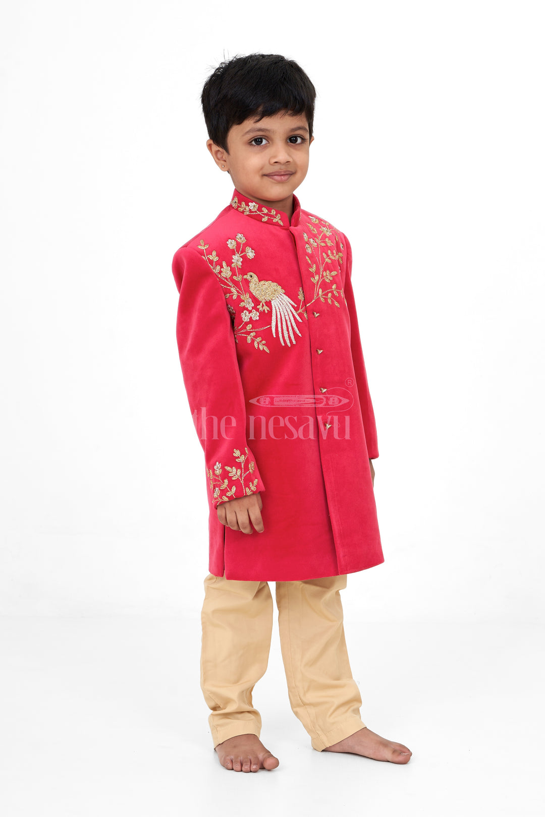 Boys Red Sherwani Clothes with Golden Embroidery and Cream Trousers