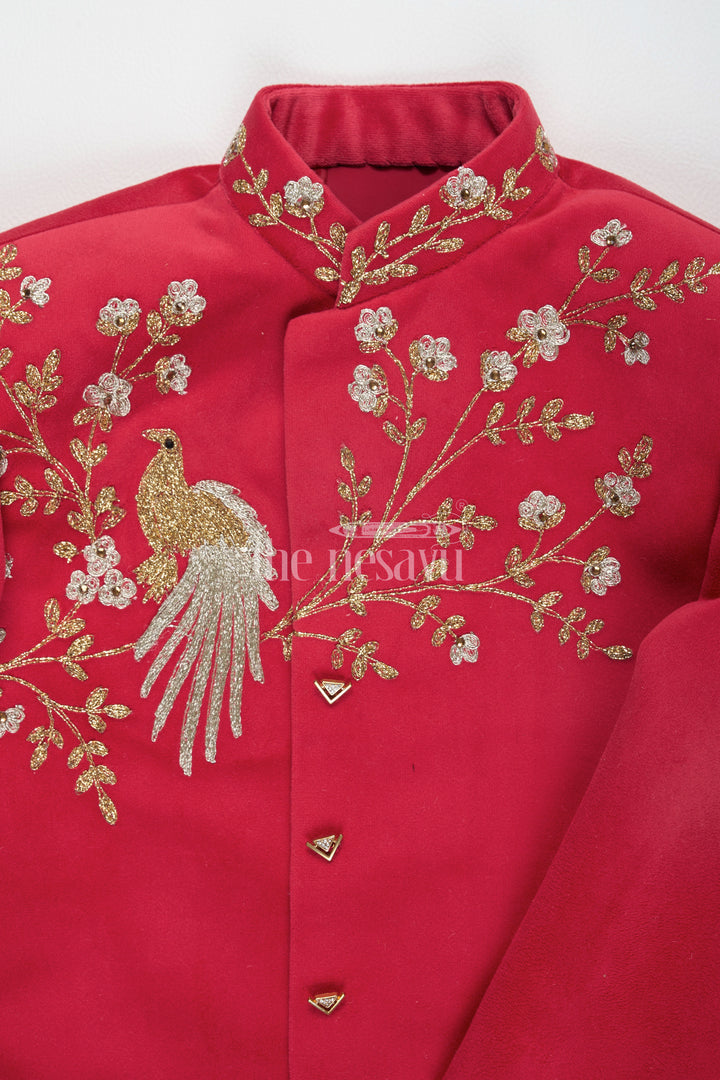 Boys Red Sherwani Clothes with Golden Embroidery and Cream Trousers