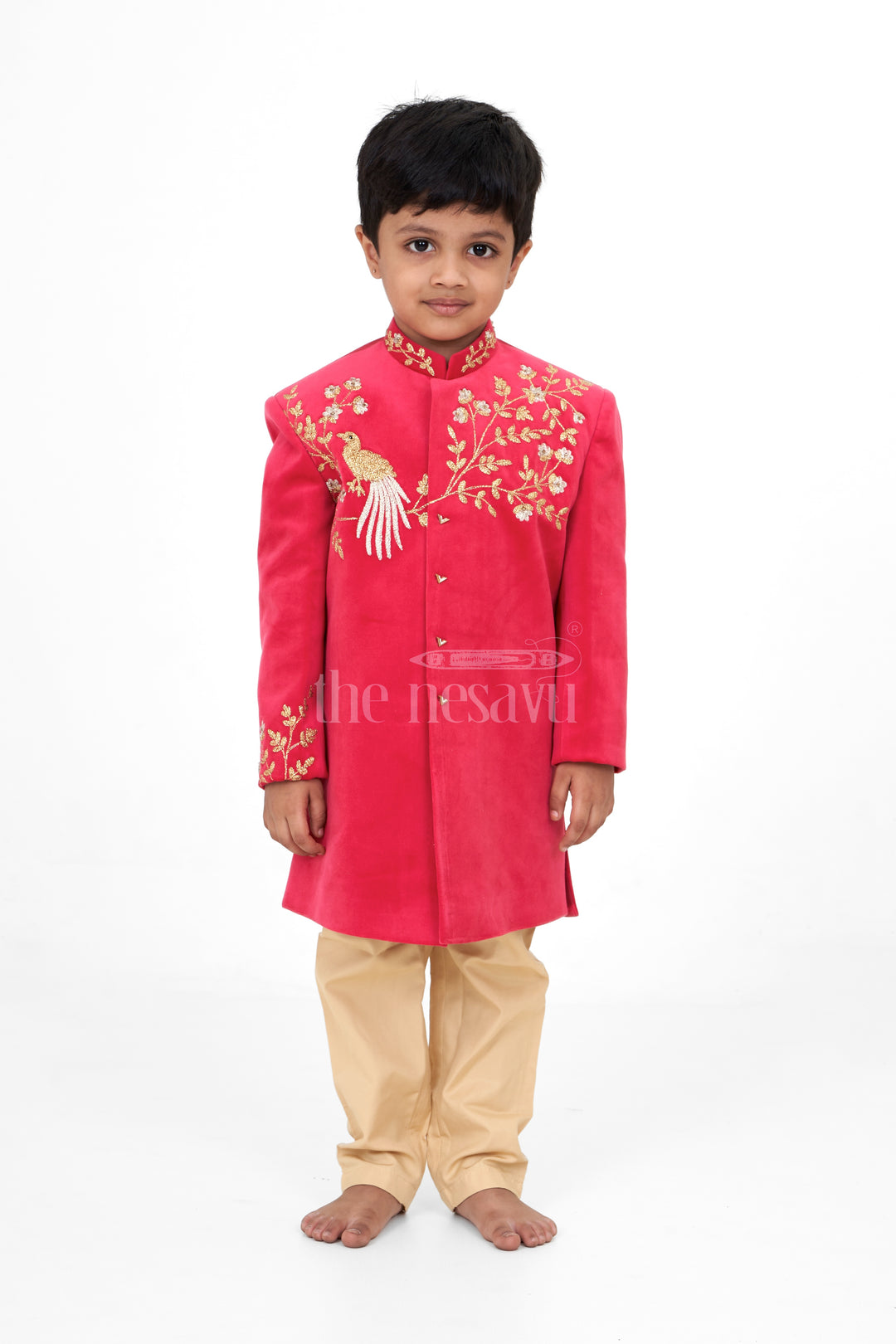 Boys Red Sherwani Clothes with Golden Embroidery and Cream Trousers