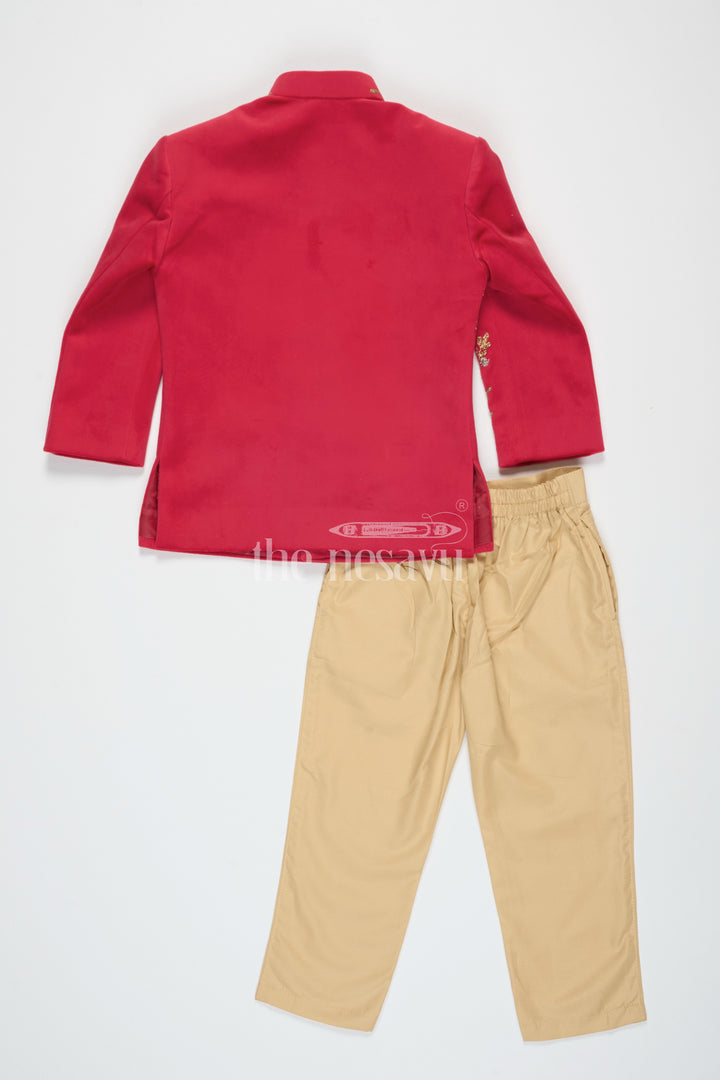 Boys Red Sherwani Clothes with Golden Embroidery and Cream Trousers