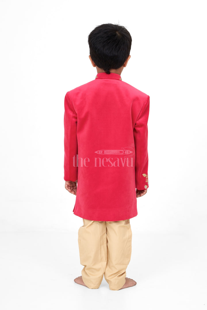 Boys Red Sherwani Clothes with Golden Embroidery and Cream Trousers