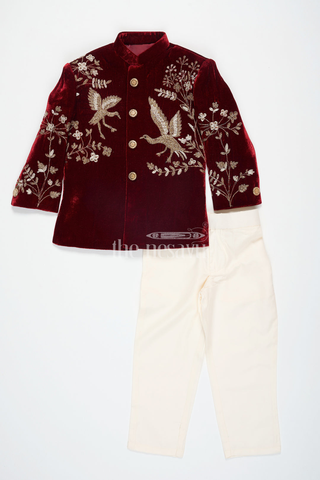 Boys Maroon Sherwani Kurta with Intricate Golden Velvet Embroidery and Cream Trousers