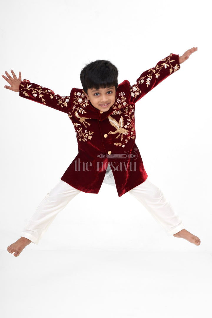 Boys Maroon Sherwani Kurta with Intricate Golden Velvet Embroidery and Cream Trousers