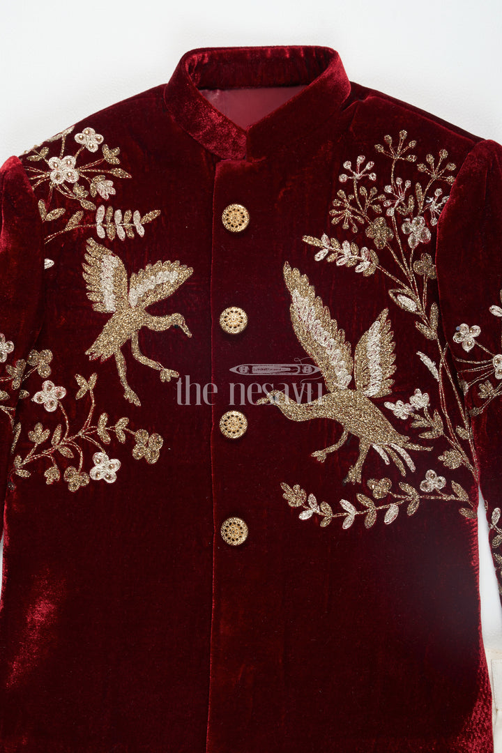 Boys Maroon Sherwani Kurta with Intricate Golden Velvet Embroidery and Cream Trousers