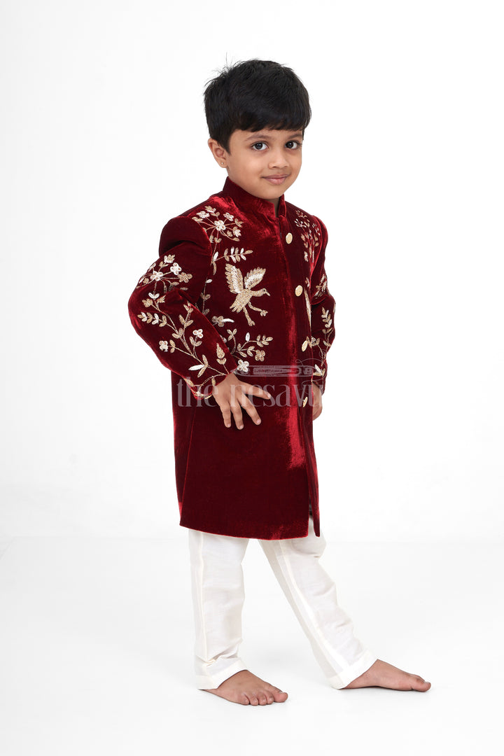 Boys Maroon Sherwani Kurta with Intricate Golden Velvet Embroidery and Cream Trousers