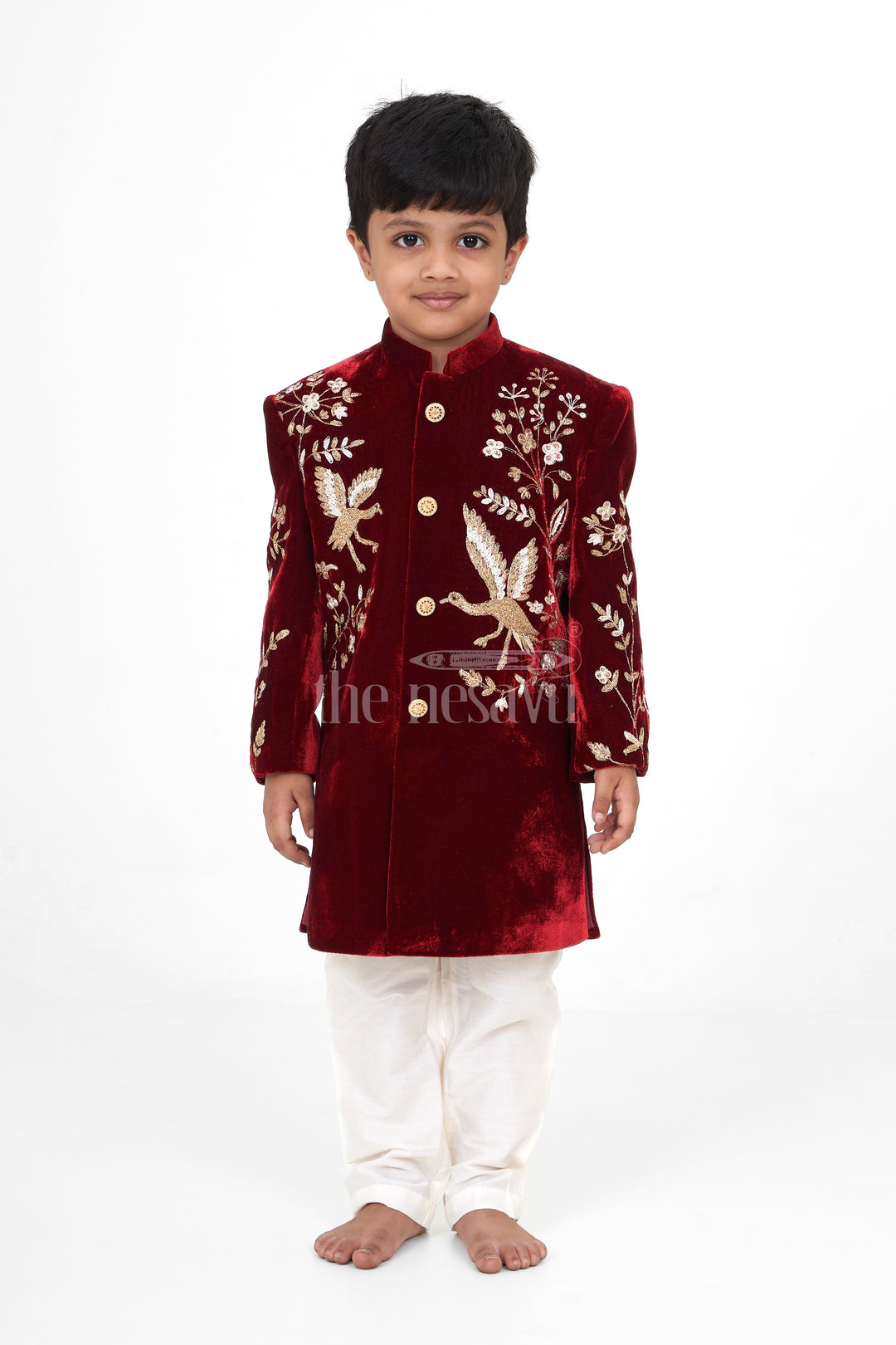 Boys Maroon Sherwani Kurta with Intricate Golden Velvet Embroidery and Cream Trousers