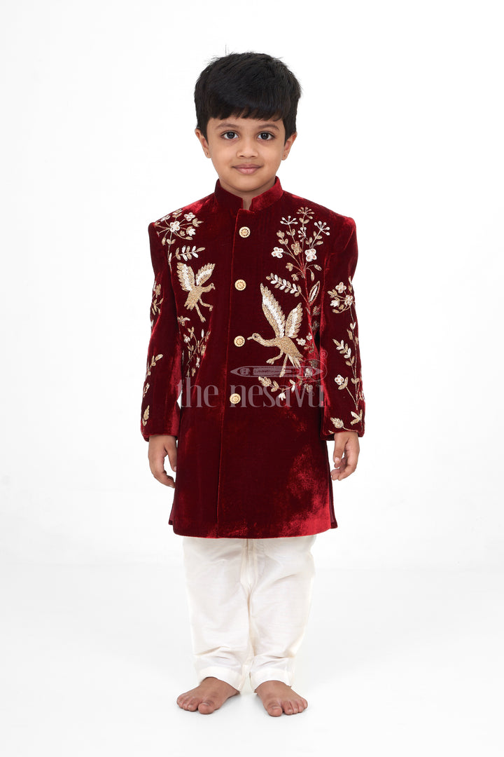 Boys Maroon Sherwani Kurta with Intricate Golden Velvet Embroidery and Cream Trousers